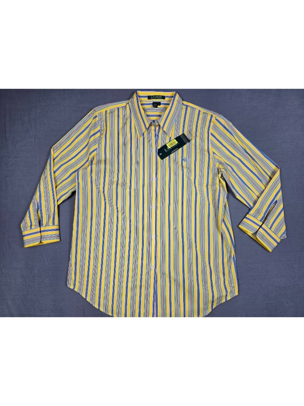 Lauren Ralph Lauren Yellow & Blue Striped Button-Up Shirt 100% Cotton L NEW